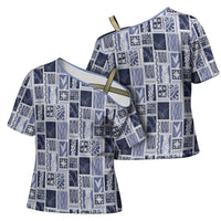 Vintage Aloha Block Quilt Cross Shoulder Shirt Blue Inspired Lei Motifs - Polynesian Pride