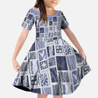 Vintage Aloha Block Quilt Family Matching Off Shoulder Maxi Dress and Hawaiian Shirt Blue Inspired Lei Motifs LT9 Daughter's Dress Blue - Polynesian Pride