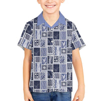 Vintage Aloha Block Quilt Family Matching Off Shoulder Maxi Dress and Hawaiian Shirt Blue Inspired Lei Motifs LT9 Son's Shirt Blue - Polynesian Pride