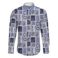 Vintage Aloha Block Quilt Family Matching Off Shoulder Short Dress and Hawaiian Shirt Blue Inspired Lei Motifs LT9 Dad's Shirt - Long Sleeve Blue - Polynesian Pride