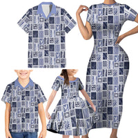 Vintage Aloha Block Quilt Family Matching Short Sleeve Bodycon Dress and Hawaiian Shirt Blue Inspired Lei Motifs LT9 - Polynesian Pride