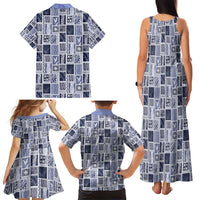 Vintage Aloha Block Quilt Family Matching Tank Maxi Dress and Hawaiian Shirt Blue Inspired Lei Motifs - Polynesian Pride