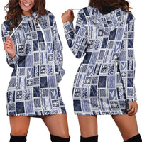 Vintage Aloha Block Quilt Hoodie Dress Blue Inspired Lei Motifs - Polynesian Pride