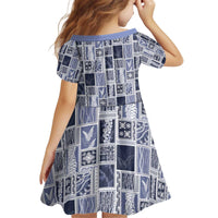 Vintage Aloha Block Quilt Kid Short Sleeve Dress Blue Inspired Lei Motifs - Polynesian Pride