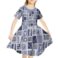 Vintage Aloha Block Quilt Kid Short Sleeve Dress Blue Inspired Lei Motifs - Polynesian Pride