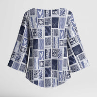 Vintage Aloha Block Quilt Kimono Sleeve Blouse Blue Inspired Lei Motifs - Polynesian Pride