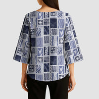 Vintage Aloha Block Quilt Kimono Sleeve Blouse Blue Inspired Lei Motifs - Polynesian Pride