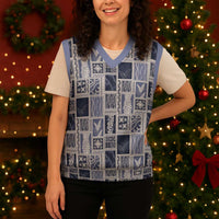 Vintage Aloha Block Quilt Christmas Knitted V-Neck Vest Blue Inspired Lei Motifs - Polynesian Pride