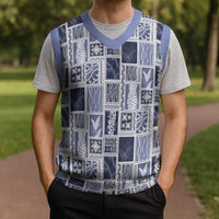 Vintage Aloha Block Quilt Christmas Knitted V-Neck Vest Blue Inspired Lei Motifs - Polynesian Pride