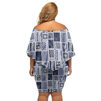 Vintage Aloha Block Quilt Off Shoulder Short Dress Blue Inspired Lei Motifs - Polynesian Pride