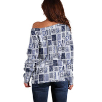 Vintage Aloha Block Quilt Off Shoulder Sweater Blue Inspired Lei Motifs - Polynesian Pride