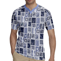 Vintage Aloha Block Quilt Rugby Jersey Blue Inspired Lei Motifs - Polynesian Pride