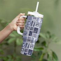 Vintage Aloha Block Quilt Tumbler With Handle Blue Inspired Lei Motifs - Polynesian Pride