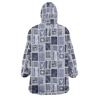 Vintage Aloha Block Quilt Wearable Blanket Hoodie Blue Inspired Lei Motifs - Polynesian Pride