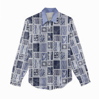 Vintage Aloha Block Quilt Women Casual Shirt Blue Inspired Lei Motifs LT9 - Polynesian Pride