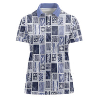 Vintage Aloha Block Quilt Women Polo Shirt Blue Inspired Lei Motifs LT9 Female Blue - Polynesian Pride