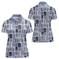 Vintage Aloha Block Quilt Women Polo Shirt Blue Inspired Lei Motifs LT9 - Polynesian Pride
