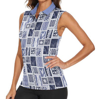 Vintage Aloha Block Quilt Women Sleeveless Polo Shirt Blue Inspired Lei Motifs LT9 - Polynesian Pride