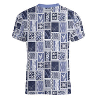 Vintage Aloha Block Quilt Women V-Neck T-Shirt Blue Inspired Lei Motifs - Polynesian Pride