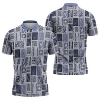 Vintage Aloha Block Quilt Zipper Polo Shirt Blue Inspired Lei Motifs - Polynesian Pride