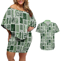Vintage Aloha Block Quilt Couples Matching Off Shoulder Short Dress and Hawaiian Shirt Green Inspired Lei Motifs - Polynesian Pride