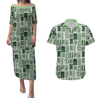 Vintage Aloha Block Quilt Couples Matching Puletasi and Hawaiian Shirt Green Inspired Lei Motifs LT9 Green - Polynesian Pride