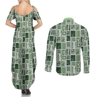 Vintage Aloha Block Quilt Couples Matching Summer Maxi Dress and Long Sleeve Button Shirt Green Inspired Lei Motifs LT9 - Polynesian Pride