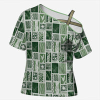 Vintage Aloha Block Quilt Cross Shoulder Shirt Green Inspired Lei Motifs - Polynesian Pride