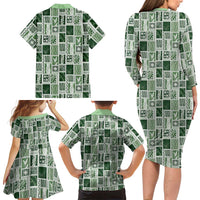 Vintage Aloha Block Quilt Family Matching Long Sleeve Bodycon Dress and Hawaiian Shirt Green Inspired Lei Motifs LT9 - Polynesian Pride