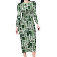 Vintage Aloha Block Quilt Family Matching Long Sleeve Bodycon Dress and Hawaiian Shirt Green Inspired Lei Motifs LT9 Mom's Dress Green - Polynesian Pride