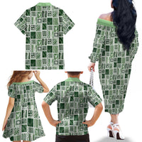 Vintage Aloha Block Quilt Family Matching Off The Shoulder Long Sleeve Dress and Hawaiian Shirt Green Inspired Lei Motifs - Polynesian Pride