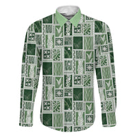 Vintage Aloha Block Quilt Family Matching Off Shoulder Maxi Dress and Hawaiian Shirt Green Inspired Lei Motifs LT9 Dad's Shirt - Long Sleeve Green - Polynesian Pride