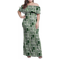 Vintage Aloha Block Quilt Family Matching Off Shoulder Maxi Dress and Hawaiian Shirt Green Inspired Lei Motifs LT9 Mom's Dress Green - Polynesian Pride