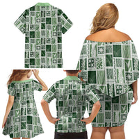 Vintage Aloha Block Quilt Family Matching Off Shoulder Short Dress and Hawaiian Shirt Green Inspired Lei Motifs LT9 - Polynesian Pride