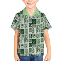 Vintage Aloha Block Quilt Family Matching Short Sleeve Bodycon Dress and Hawaiian Shirt Green Inspired Lei Motifs LT9 Son's Shirt Green - Polynesian Pride