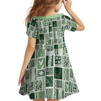 Vintage Aloha Block Quilt Kid Short Sleeve Dress Green Inspired Lei Motifs LT9 - Polynesian Pride