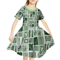 Vintage Aloha Block Quilt Kid Short Sleeve Dress Green Inspired Lei Motifs - Polynesian Pride