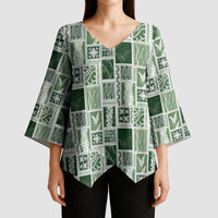 Vintage Aloha Block Quilt Kimono Sleeve Blouse Green Inspired Lei Motifs - Polynesian Pride
