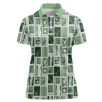 Vintage Aloha Block Quilt Women Polo Shirt Green Inspired Lei Motifs LT9 Female Green - Polynesian Pride