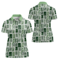 Vintage Aloha Block Quilt Women Polo Shirt Green Inspired Lei Motifs LT9 - Polynesian Pride