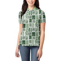 Vintage Aloha Block Quilt Women Polo Shirt Green Inspired Lei Motifs LT9 - Polynesian Pride