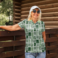 Vintage Aloha Block Quilt Women Polo Shirt Green Inspired Lei Motifs LT9 - Polynesian Pride