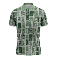 Vintage Aloha Block Quilt Zipper Polo Shirt Green Inspired Lei Motifs LT9 Green - Polynesian Pride