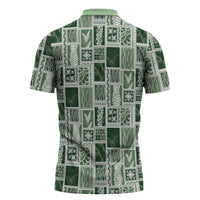Vintage Aloha Block Quilt Zipper Polo Shirt Green Inspired Lei Motifs LT9 - Polynesian Pride