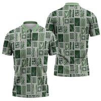 Vintage Aloha Block Quilt Zipper Polo Shirt Green Inspired Lei Motifs - Polynesian Pride