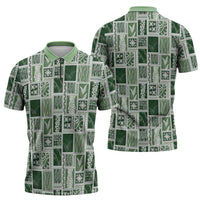 Vintage Aloha Block Quilt Zipper Polo Shirt Green Inspired Lei Motifs LT9 - Polynesian Pride