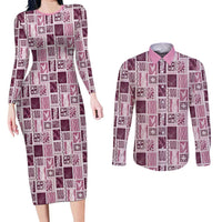 Vintage Aloha Block Quilt Couples Matching Long Sleeve Bodycon Dress and Long Sleeve Button Shirt Pink Inspired Lei Motifs - Polynesian Pride