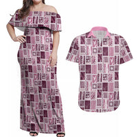 Vintage Aloha Block Quilt Couples Matching Off Shoulder Maxi Dress and Hawaiian Shirt Pink Inspired Lei Motifs - Polynesian Pride