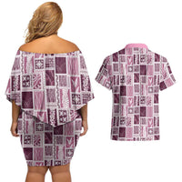 Vintage Aloha Block Quilt Couples Matching Off Shoulder Short Dress and Hawaiian Shirt Pink Inspired Lei Motifs - Polynesian Pride