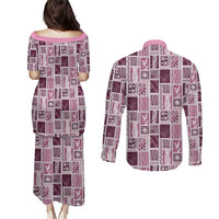 Vintage Aloha Block Quilt Couples Matching Puletasi and Long Sleeve Button Shirt Pink Inspired Lei Motifs LT9 - Polynesian Pride
